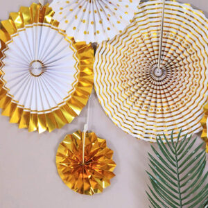 6-Pieces Set of Gold & White Hanging Paper Fans - Party Decoration - Image 3