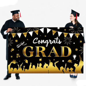1pc 180x110cm Congrats Grad Graduation Poster, Gold & Black - Image 3